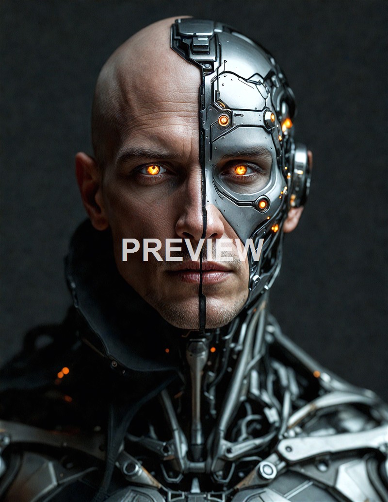 A human with half of their face and body replaced by a high-tech, robotic exoskeleton with glowing orange lights, creating a fusion of human and machine.